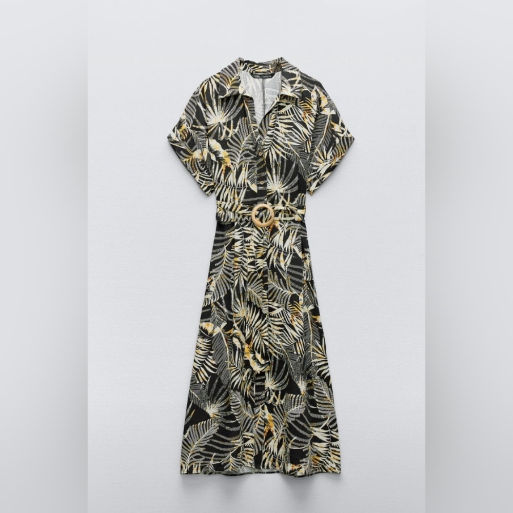 NWOT Zara Linen Blend Tropical Print Belted Midi Shirt Dress Size S